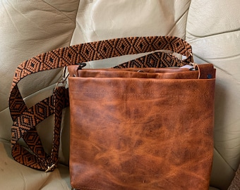 Small leather shoulder or crossbody bag, cognac leather