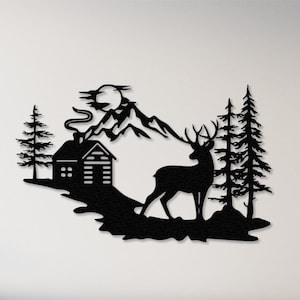 Decorazione murale in metallo con vista sulle montagne, decorazione murale con foresta di pini, decorazione murale con natura, decorazione per camino, decorazione murale con paesaggio, cartello da campeggio, decorazione murale in metallo con fauna selvatica