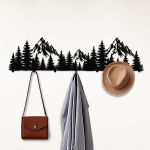 mountain art,
Wall hanger,
metal coat rack,
metal Wall decor,
mountain hook,
entryway coat rack,
coat storage,
hat rack,
mountain forest,
pine tree decor,
coat hook,
robe hook,
coat rack,