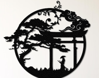 May include: Black metal wall art depicting a Japanese scene. A circular frame contains a silhouette of a tree, a traditional gate, clouds, and a figure. The art piece is mounted on a white wall.