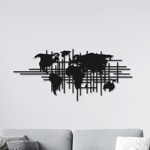 Mapa mundial arte de pared de metal, arte geométrico de la pared, regalo de viajero, mapa del mundo grande, arte de la pared de la oficina, diseño de interiores, decoración de la pared de la sala de estar