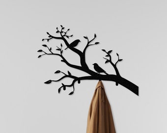Tree Branch Wall Hooks, Birds on Branch Decor, Decorative Coat