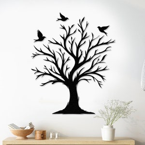 Ramo di albero genealogico con uccelli, arte murale in metallo, decorazione naturalistica, grande arte botanica, arte murale alla moda, cartello in metallo per alberi da esterno, decorazione rustica per alberi
