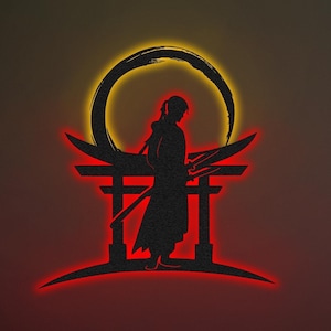 Samurai LED Metal Wall Art, Christmas Gift, Above Bed Decor, Man Cave Decor, Samurai Sword Art, Night Lights, Asian Wall Decor, Unique Gift