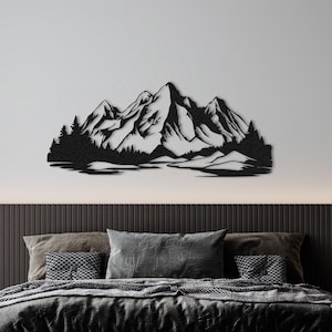 Arte murale in metallo con montagna e foresta con lago, decorazione da cabina, decorazione per la casa naturale, arte murale con paesaggio, regalo di Natale, decorazione per la casa eccentrica, inverno