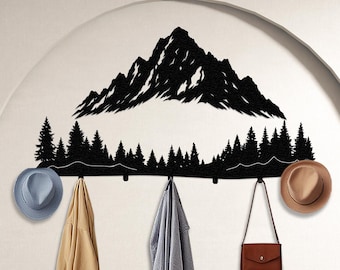 Mountain Metal Hooks, Coat Rack, Clothes Hanger, Entryway Organizer, Mountain and Forest Metal Wall Art, Lake House Accessories, Home Gift
