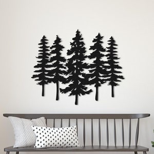 Arte de pared de metal de la familia de pinos, arte de la pared del bosque, letrero de pared al aire libre, regalo de los amantes de la naturaleza, decoración de la chimenea, letrero del bosque, colgante de la pared del árbol
