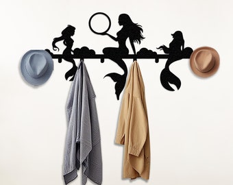 Perchero de pared con diseño de sirena, ideal para baño, organizador de entrada, playa, bohemio oceánico.