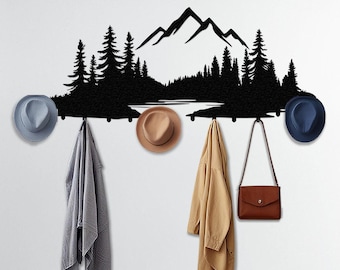 Mountain Metal Hooks, Coat Rack, Clothes Hanger, Entryway Organizer, Mountain and Forest Metal Wall Art, Lake House Accessories, Home Gift