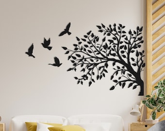 Arte mural de ramas de árbol, decoración de pared con pájaros florales, escultura natural, decoración sobre la cama, arte mural de bosque, decoración minimalista única de ramas