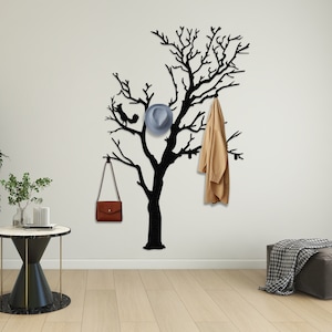 Coat Rack Tree with Squirrel, Decorative Hooks, Tree Wall Art, Hat Rack, Bag Holder, Key Holder for Wall, Entryway Organizer, Home Gift