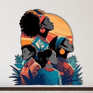 Afrikanische Frau Kunst, schwarze Frau Dekor, modernes Wohndekor, Boho Dekor, elegante Wandkunst, kulturelles Wanddekor, bunte Häuser, einzigartige Kunst