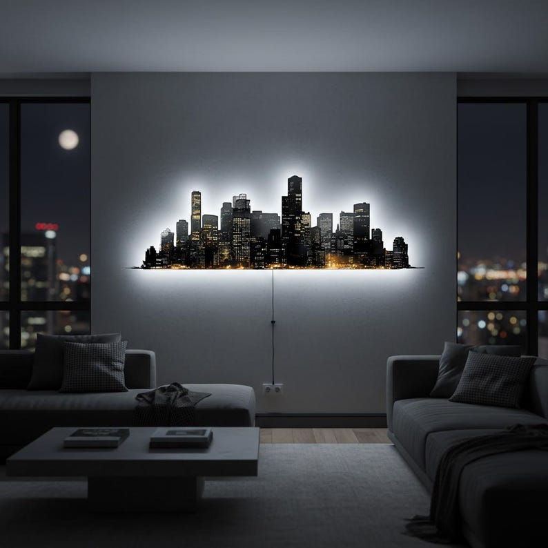 City Skyline Metal LED Wall Decor, Night Lights, City Wall Decor ...