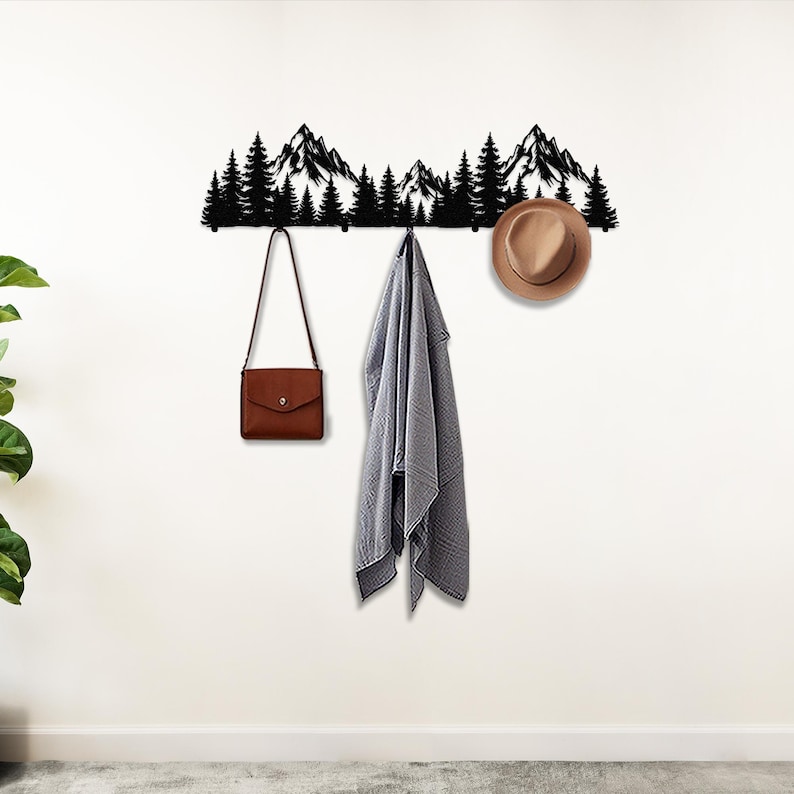 mountain art,
Wall hanger,
metal coat rack,
metal Wall decor,
mountain hook,
entryway coat rack,
coat storage,
hat rack,
mountain forest,
pine tree decor,
coat hook,
robe hook,
coat rack,