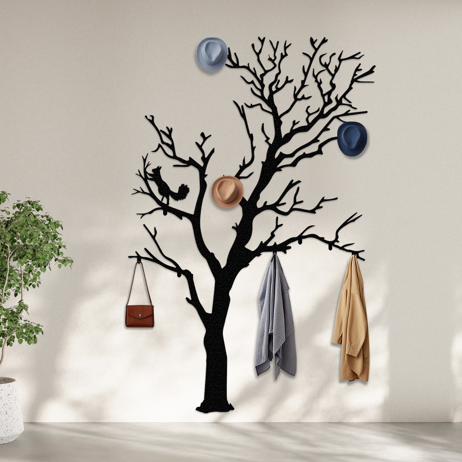 Squirrel Rack Coat Rack Tree With Squirrel, Decorative Hooks, Tree Wall Art, Hat Rack ...
