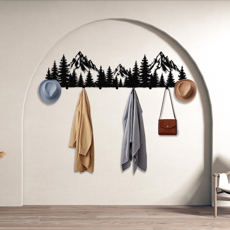 mountain art,
Wall hanger,
metal coat rack,
metal Wall decor,
mountain hook,
entryway coat rack,
coat storage,
hat rack,
mountain forest,
pine tree decor,
coat hook,
robe hook,
coat rack,