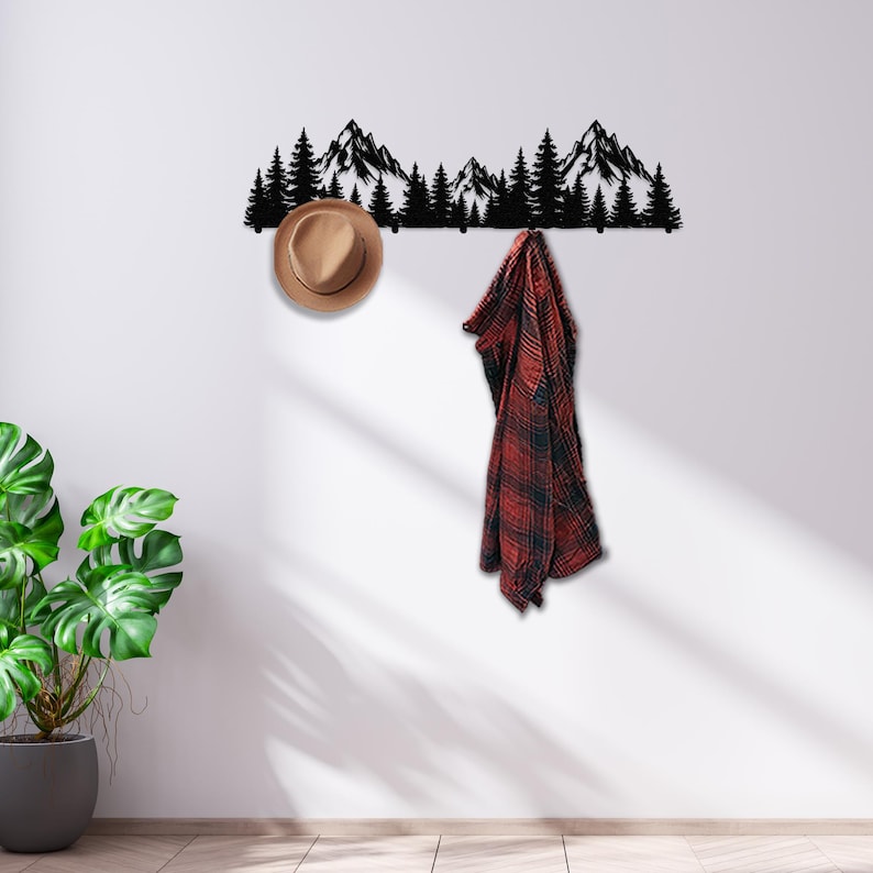 mountain art,
Wall hanger,
metal coat rack,
metal Wall decor,
mountain hook,
entryway coat rack,
coat storage,
hat rack,
mountain forest,
pine tree decor,
coat hook,
robe hook,
coat rack,
