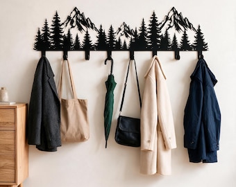 Mountain Forest Coat Rack, Metal Pine Trees, Entryway Organizer, Decorative Hooks, Coat Storage, Metal Wall Hanger, Farmhouse Rack