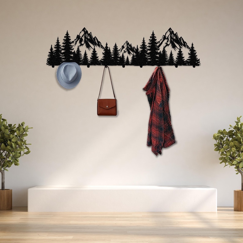 mountain art,
Wall hanger,
metal coat rack,
metal Wall decor,
mountain hook,
entryway coat rack,
coat storage,
hat rack,
mountain forest,
pine tree decor,
coat hook,
robe hook,
coat rack,
