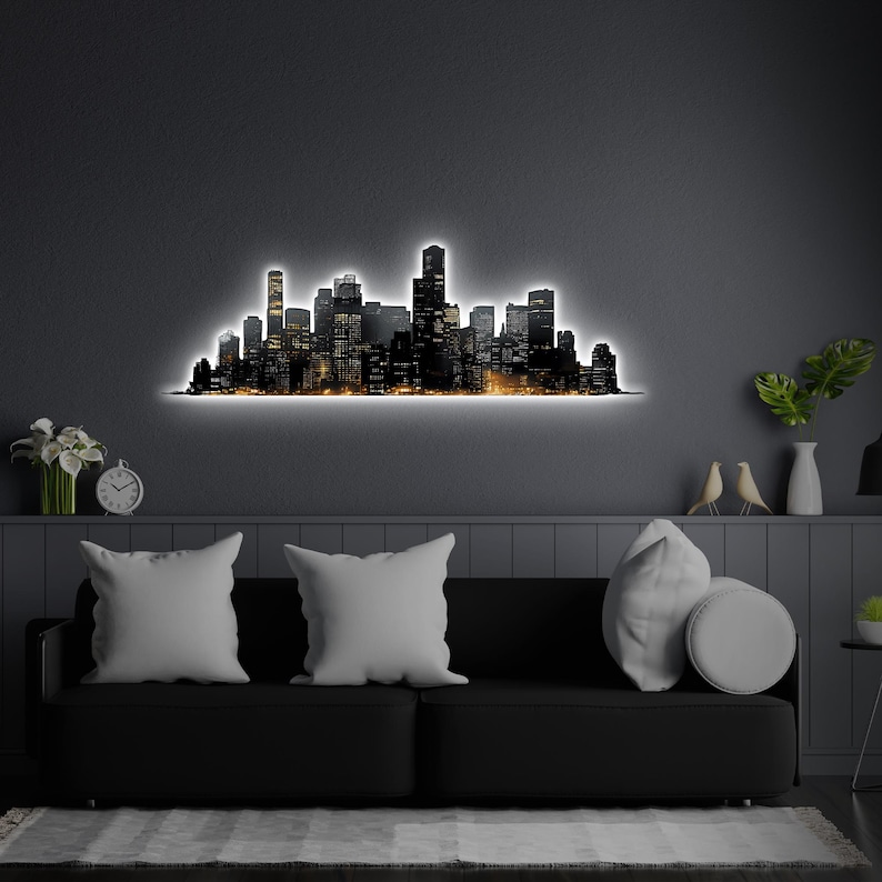 City Skyline Metal LED Wall Decor, Night Lights, City Wall Decor ...