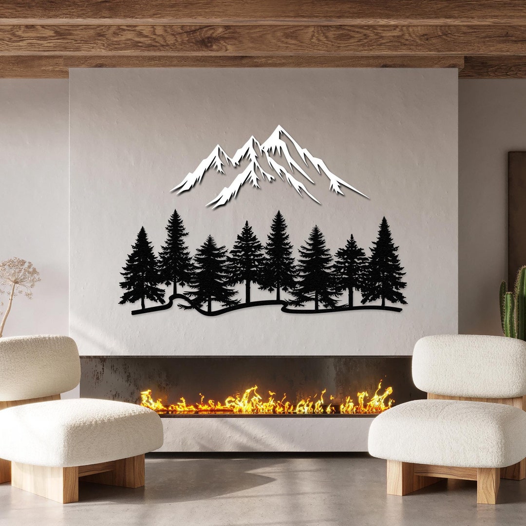 Mountain and Pine Forest Metal Wall Decor, Yard Wall Art, Landscape ...