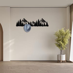 mountain art,
Wall hanger,
metal coat rack,
metal Wall decor,
mountain hook,
entryway coat rack,
coat storage,
hat rack,
mountain forest,
pine tree decor,
coat hook,
robe hook,
coat rack,