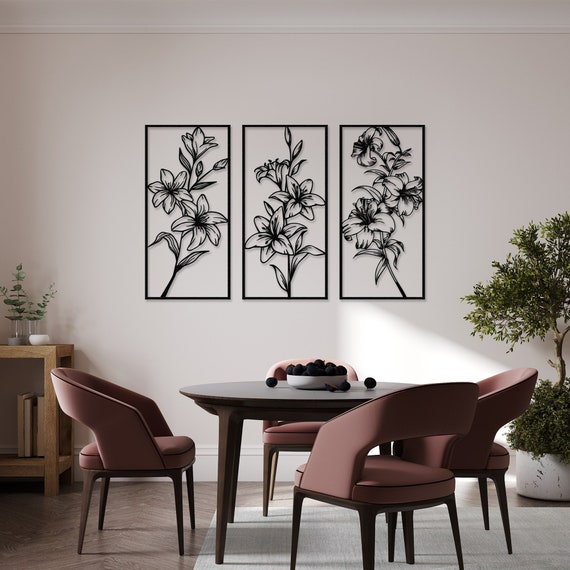 Wall Art Set of 3 Wild Flowers Metal Art, Livingroom Decor, Botanical Art, Nature Wall Art, Porch Decor, 3 Piece Wall Art, Spring Flowers