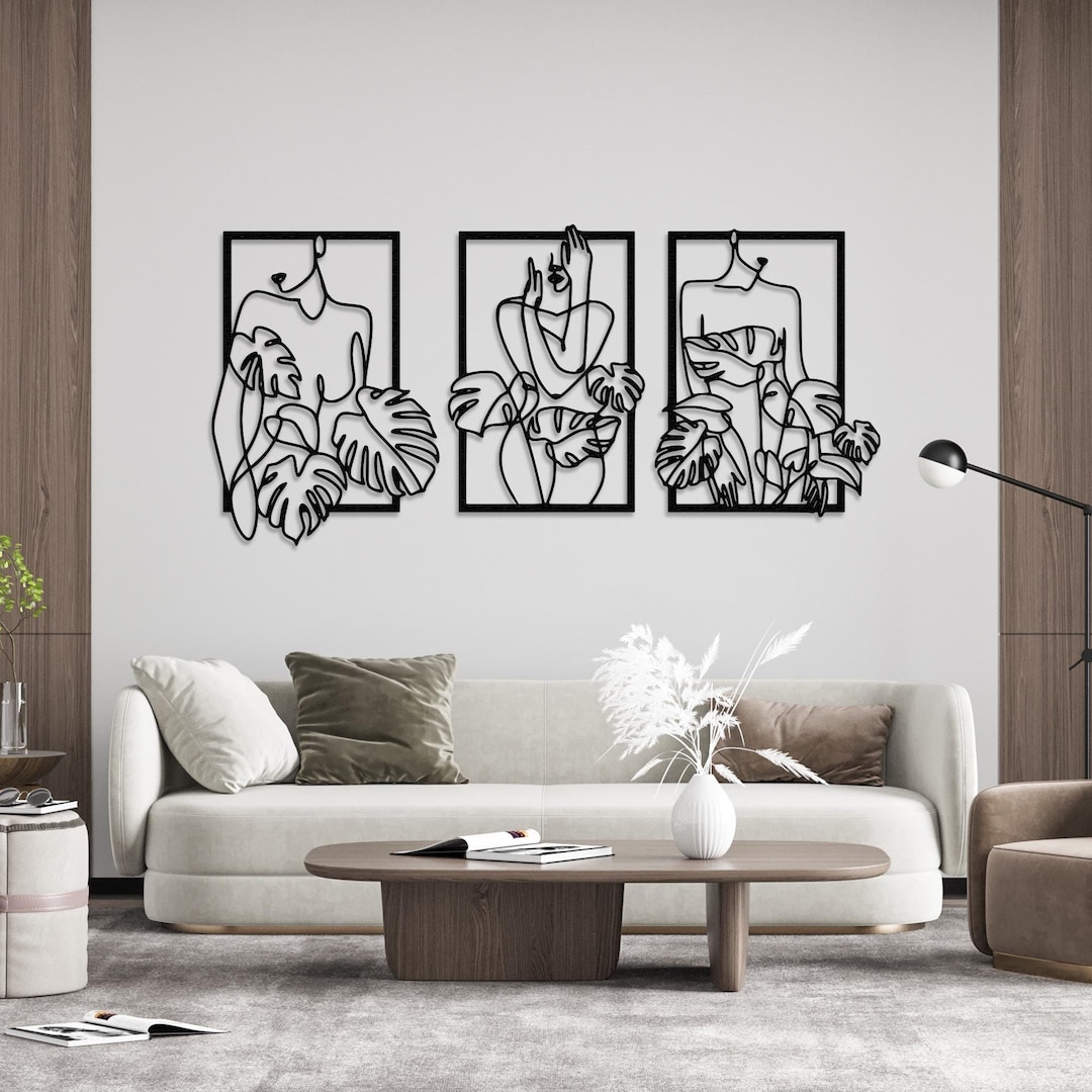 Floral Woman Set of 3 Line Metal Wall Decor, Bathroom Decor, Feminine ...