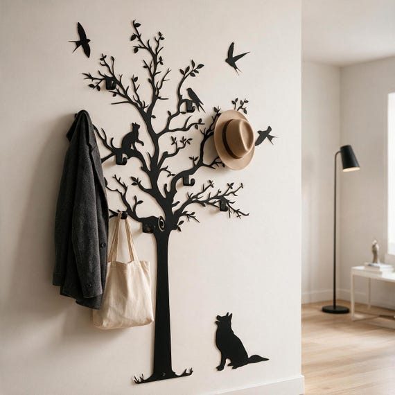 Dekorative Garderobe Wandhalterung, Kleidung Zweig Kleiderbügel, Eingangsbereich Halle Baum Organizer, große Wand Baum, Vögel auf Ast Baumdekor mit Haken