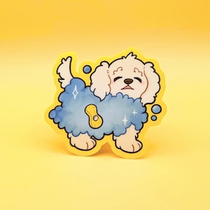 May include: A white dog with blue and yellow soap suds on its back. The dog is smiling and has its eyes closed. The dog is a cartoon illustration.