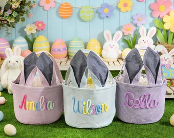 Personalized Seersucker Easter Basket: Embroidered Name, Custom Easter Basket