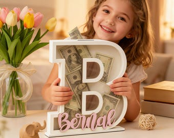 Personalized Letter Piggy Bank: Wooden Initial Coin Bank, Kids Keepsake
