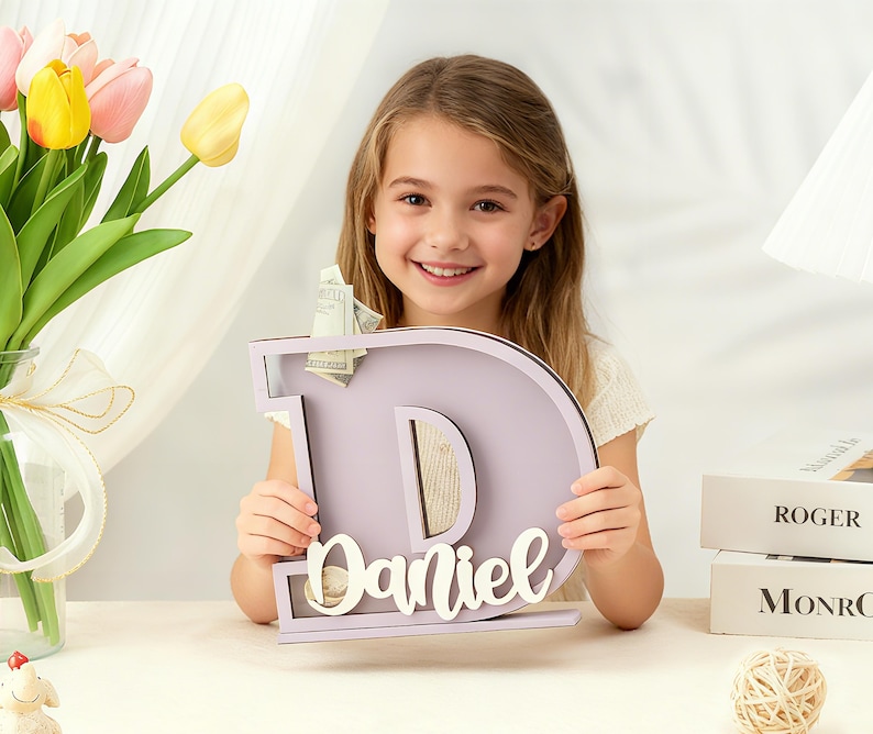 Personalized Letter Piggy Bank: Wooden Initial Coin Bank, Kids Keepsake, Easter gifts for children image 4