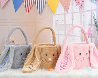 Personalized Plush Easter Bunny Basket: Embroidered Name Cotton Bag