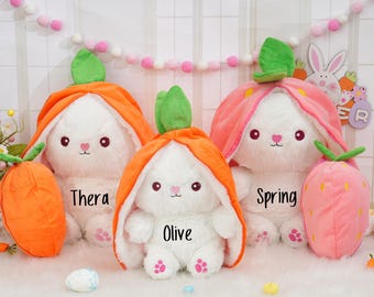 Gepersonaliseerde pluche konijn: omkeerbare wortel-/aardbeienpop, paashaascadeau, paascadeaus voor kinderen