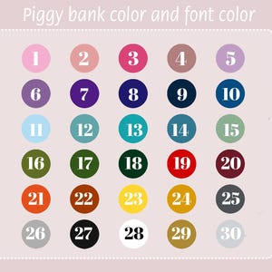 May include: A chart with 30 color swatches numbered 1 through 30. The chart is used to select a color for a piggy bank and the font color for the text on the piggy bank.