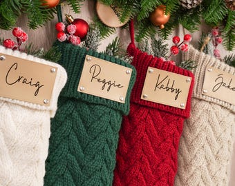 Gepersonaliseerde gebreide kerstsok: gegraveerde leren patch, kerstversiering