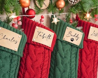 Personalized Christmas Stocking with Leather Name Patch - Knitted Family Stocking