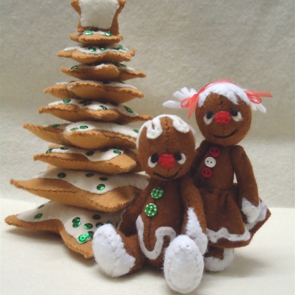 Gingerbread Village part 1: a 4 inch Gingerbread boy and girl plus a 7 inch cookie tree PDF E patterns
