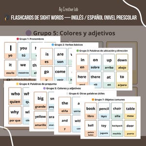 May include: Educational flashcards for preschool sight words in English and Spanish. The cards are organized by category, including pronouns, verbs, and colors. The text "Ag Creative Lab" is at the top.
