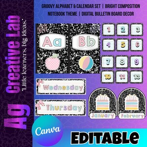 Könnte beinhalten: Digitales Pinnwand-Dekor-Set mit einem groovy Alphabet- und Kalenderthema. Enthält Buchstaben, Zahlen und Kalenderelemente mit einem Notizbuchpapier-Design. Der Text enthält "Mittwoch", "Donnerstag", "Januar", "Februar" und "Bearbeitbar".