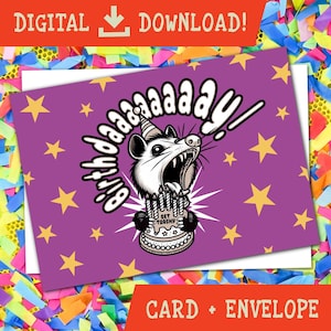 Funny Screaming Possum Stars Birthday Card, Printable Card, Funny Possum, DIGITAL Download, Instant Birthday Card, Digital Birthday Cards