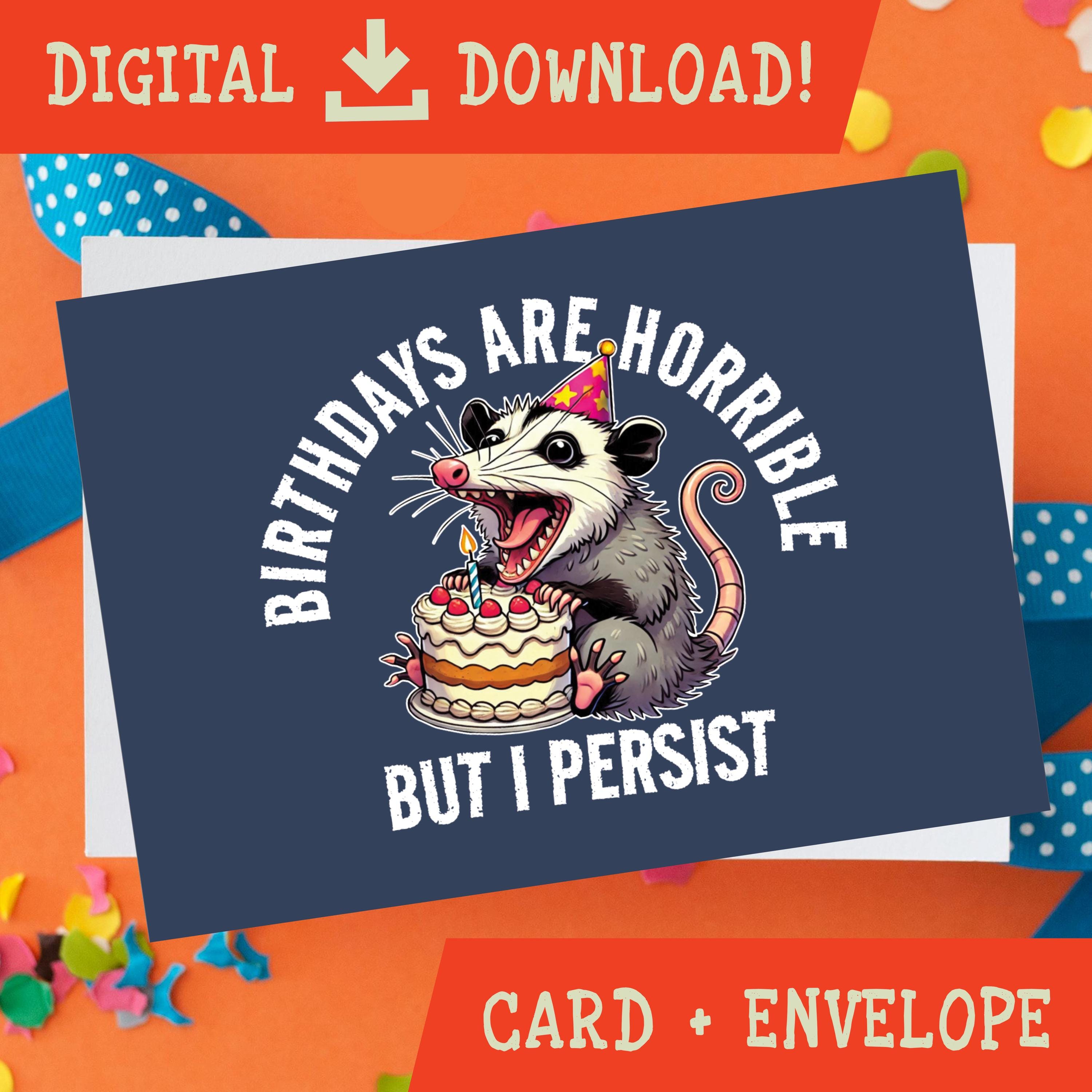 Birthdays Are Horrible, But I Persist, Printable Card, Funny Possum, DIGITAL Download, Instant Possum Birthday Card, Digital Birthday Card