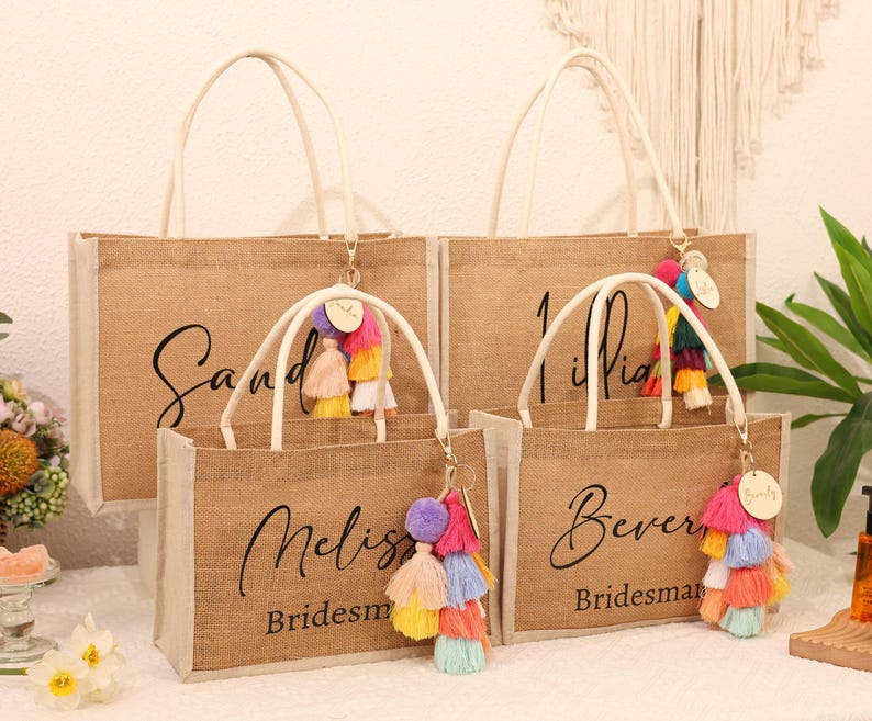 Personalized Bridesmaid Gift Bag With Charm,custom Burlap Gift Bag ...
