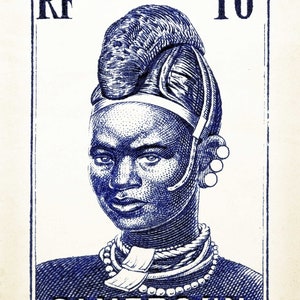 May include: A blue and white postage stamp from Cameroon featuring a portrait of a woman wearing traditional jewelry and a headdress. The stamp reads "RF POSTES 10c CAMEROUN".