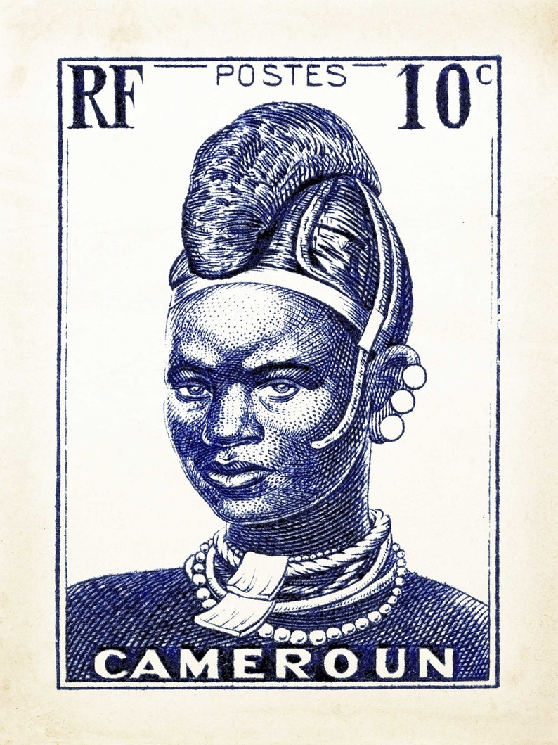 May include: A blue and white postage stamp from Cameroon featuring a portrait of a woman wearing traditional jewelry and a headdress. The stamp reads "RF POSTES 10c CAMEROUN".