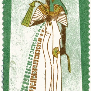 May include: A green postage stamp with a picture of an Egyptian woman wearing a white dress and a gold headdress. The stamp says "UAR" and "POSTAGE" in English and Arabic. The stamp also says "PHARAONIC DRESS" and "55 POS DAY" in English and Arabic. The stamp is from 1968.
