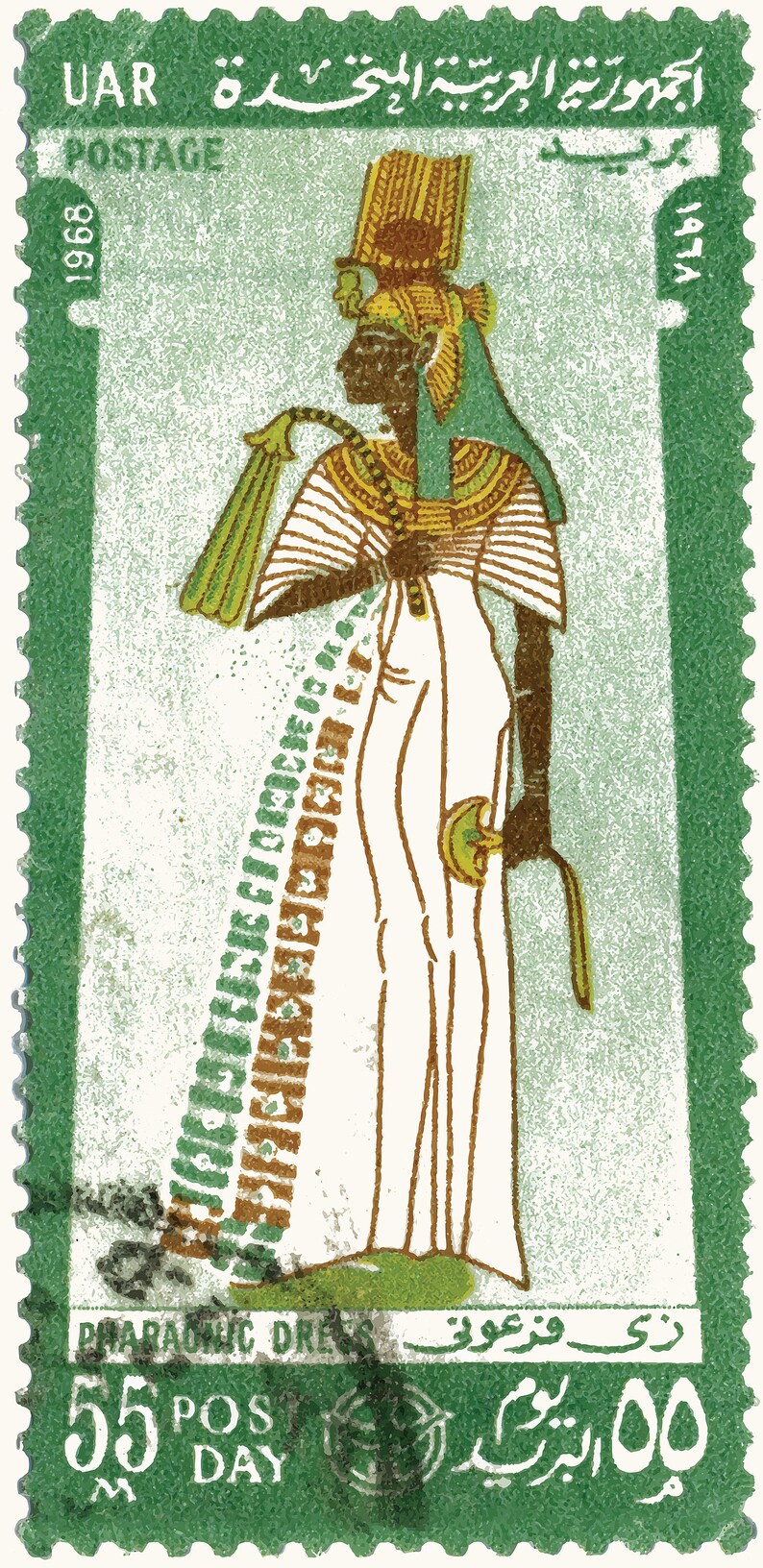 May include: A green postage stamp with a picture of an Egyptian woman wearing a white dress and a gold headdress. The stamp says "UAR" and "POSTAGE" in English and Arabic. The stamp also says "PHARAONIC DRESS" and "55 POS DAY" in English and Arabic. The stamp is from 1968.