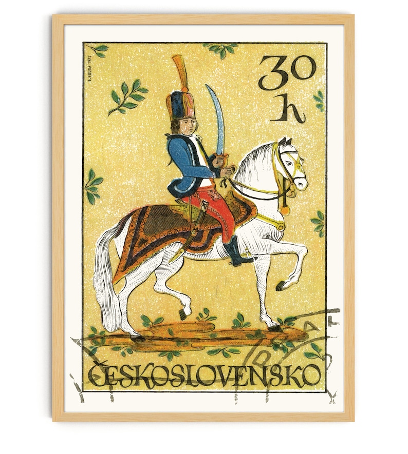 May include: A vintage Czechoslovakian postage stamp featuring a colorful illustration of a soldier on horseback. The stamp is yellow with green leaves and the text "30 h" and "CESKOSLOVENSKO".
