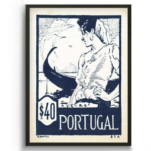 Portugal illustratie Art Print, boho muurdecoratie, moderne muurkunst uit het midden van de eeuw, Portugese muurkunstdruk, vintage reisposter, nautisch